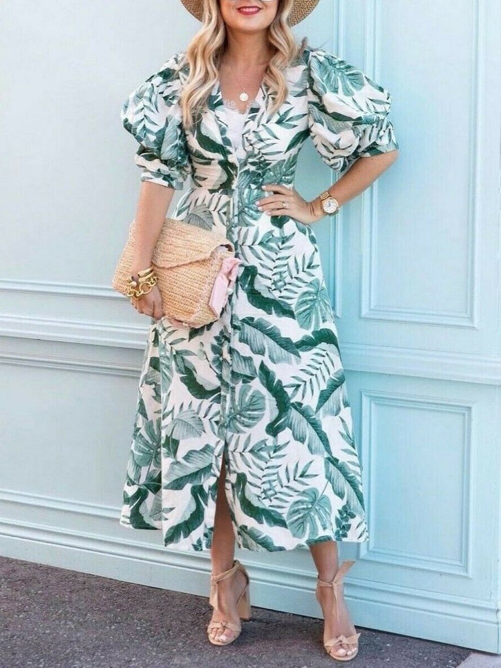 Johanna Ortiz x H&M Tropical Palm Linen Blend Midi Dress Size M